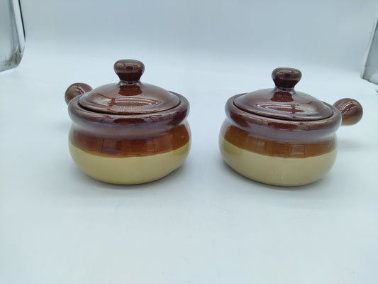 Vintage Brown Drip Stoneware French Onion Soup Crock with Lid Set of Two