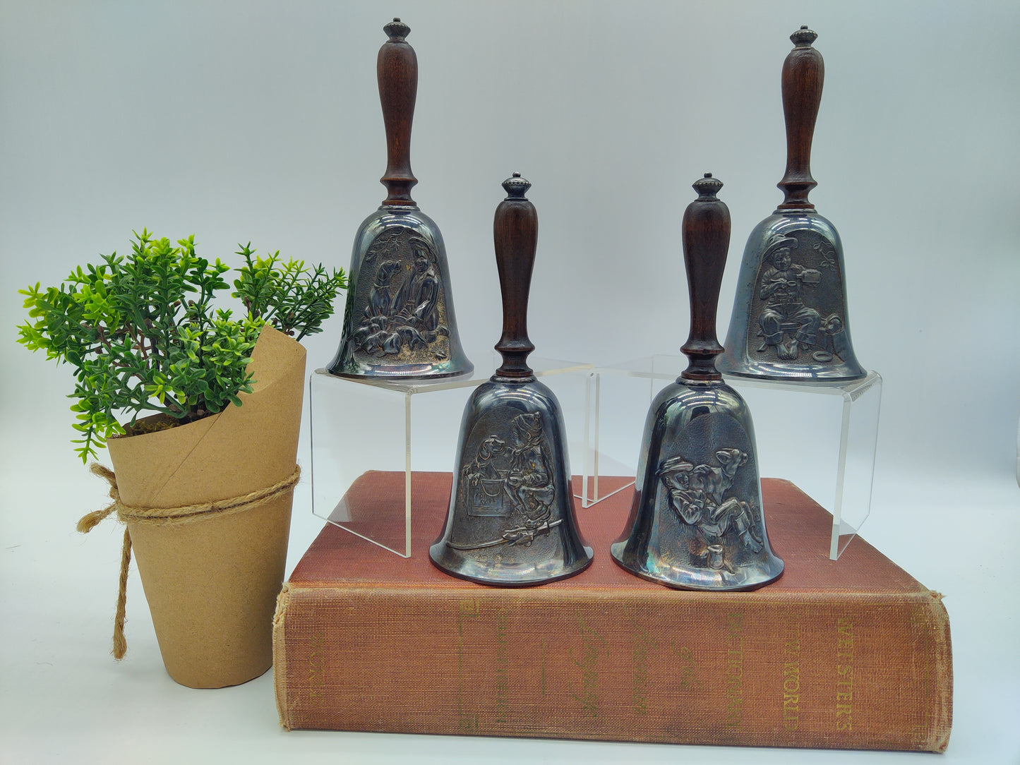 *Complete Set of Four 1979 Brown & Bigelow - Norman Rockwell - Four Seasons Silver-plated Bell Collection | House Of Gorham | Wooden Handles