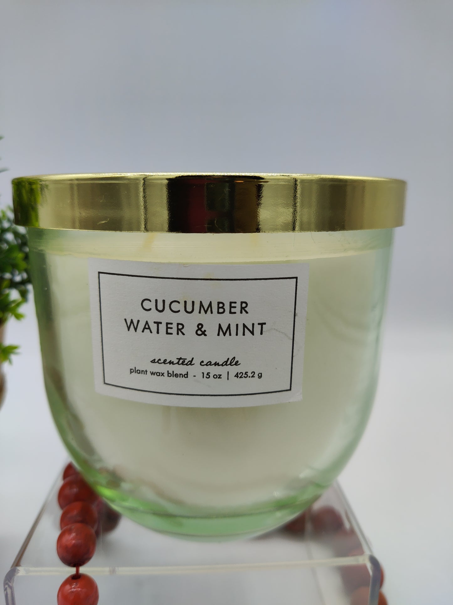 15oz Glass Candle with Botanical Lid Green Cucumber Water and Mint