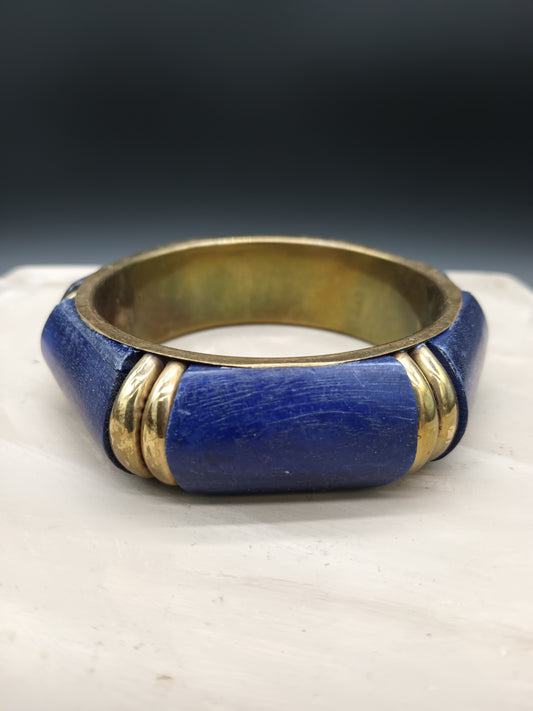 Blue Wood and Brass Bangle Bracelet