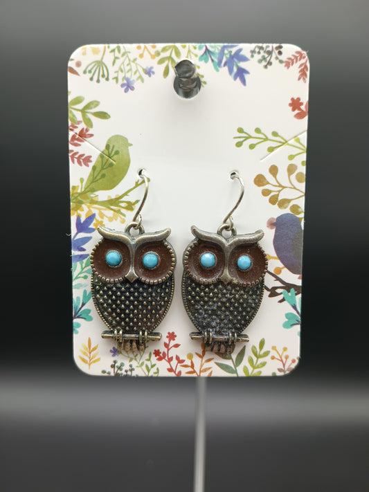 Silvertone Bumpy Owls With Brown Enamel & Turquoise Eyes Dangle Earrings