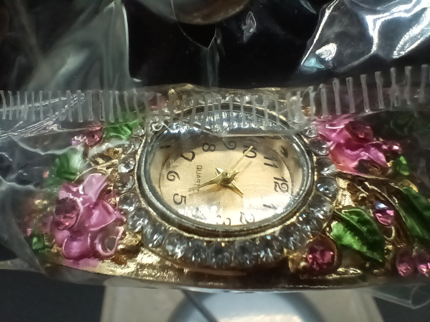 *Archer Woman's Rhinestone Flower Bracelet Bangle Oval Dial Analog Quartz Wrist Watch New In Package