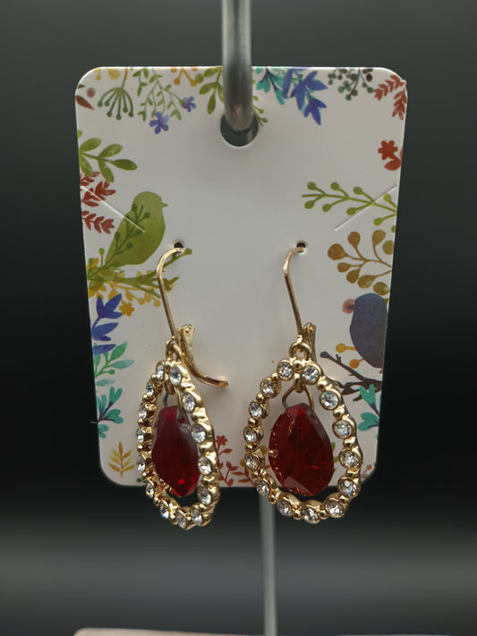 Teardrop Rhinestone Earrings With Red Stone