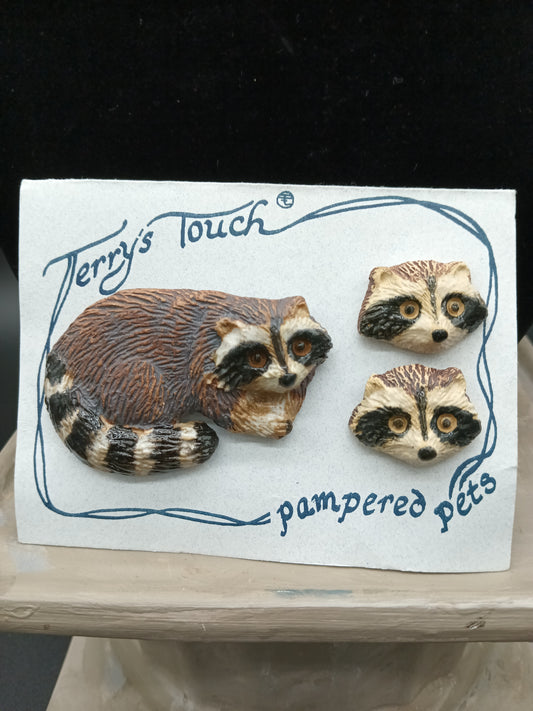 Terry's Touch Pampered Pets Racoon Earrings and Brooch