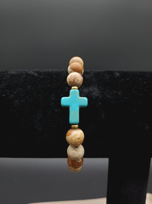 Teal Cross With Wood Bead Bracelet