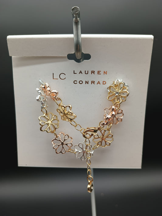 Lauren Conrad Tri Tone Textured Flower Bracelet 6.5 " With 1.5" Extender