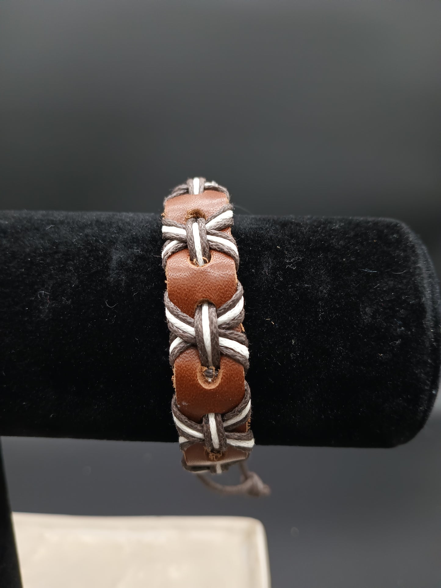 *Light Brown Leather Mens Bracelet With Black and White Cords Interlaced