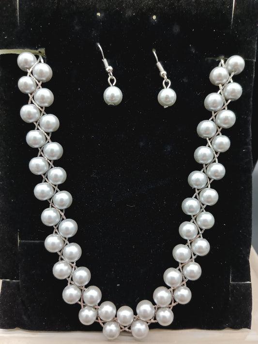 Metallic Faux Pearl Necklace And Earring Set