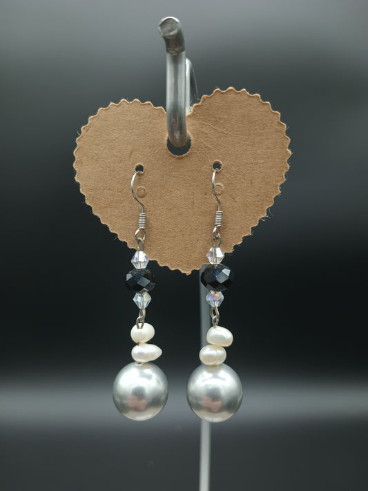 Faux Pearl With Black Beads Dangle Earrings