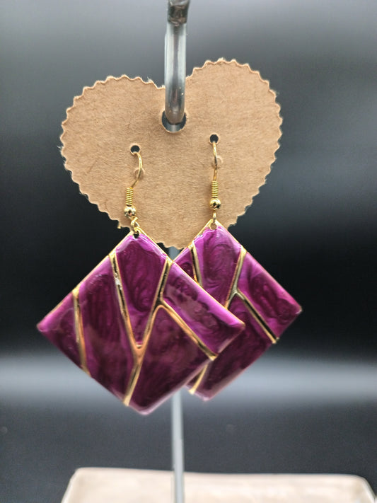 Square Gold Tone And Purple Earrings