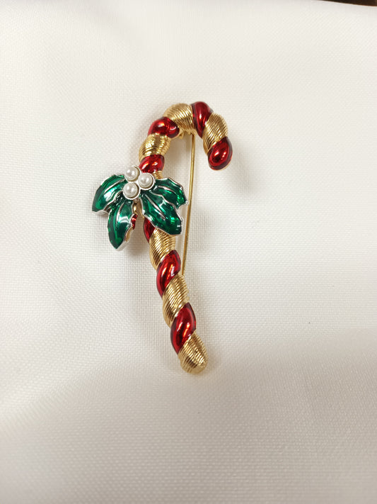 *Candy Cane With Holly Leaves Christmas Pin