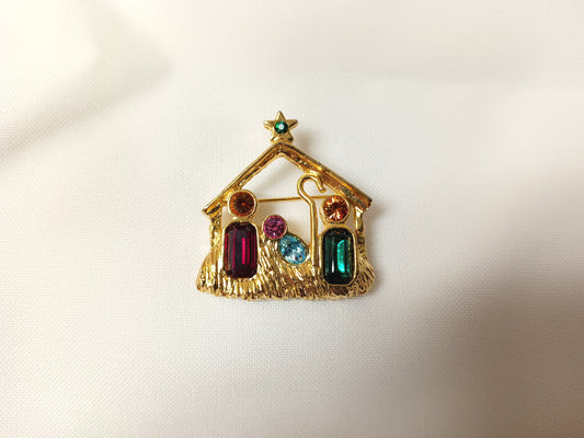 *Rare Camco Nativity Pin Gold Tone With Red Green Blue And Gold Crystals Christmas Brooch