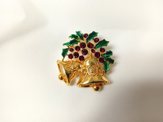 *Vintage Christopher Radko Christmas Bells Brooch Gold Tone With Enamel And Colored Rhinestones