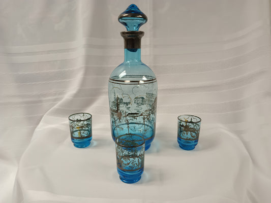 *Blue Venetian Decanter With Three Glasses