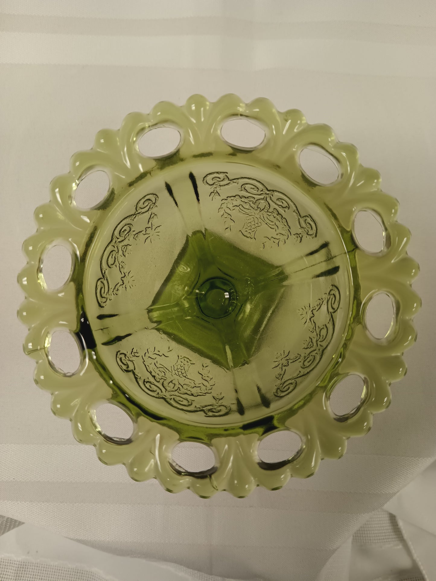 Vintage Indiana Glass Avocado Green Loraine Pattern Capote Dish